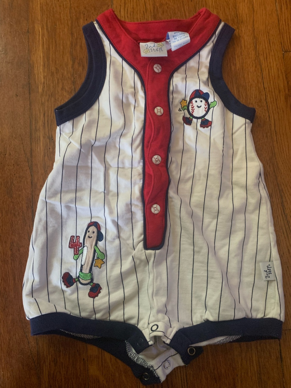 White & Navy Stripe Baseball-Themed Baby Romper with Red Trim